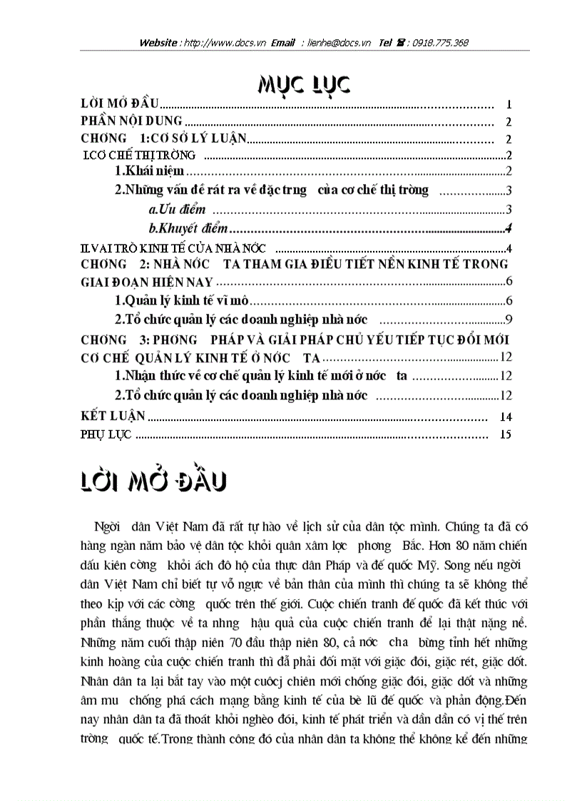 Cơ chế thị truờng và vai trò của nhà nước trong quản lý kinh tế