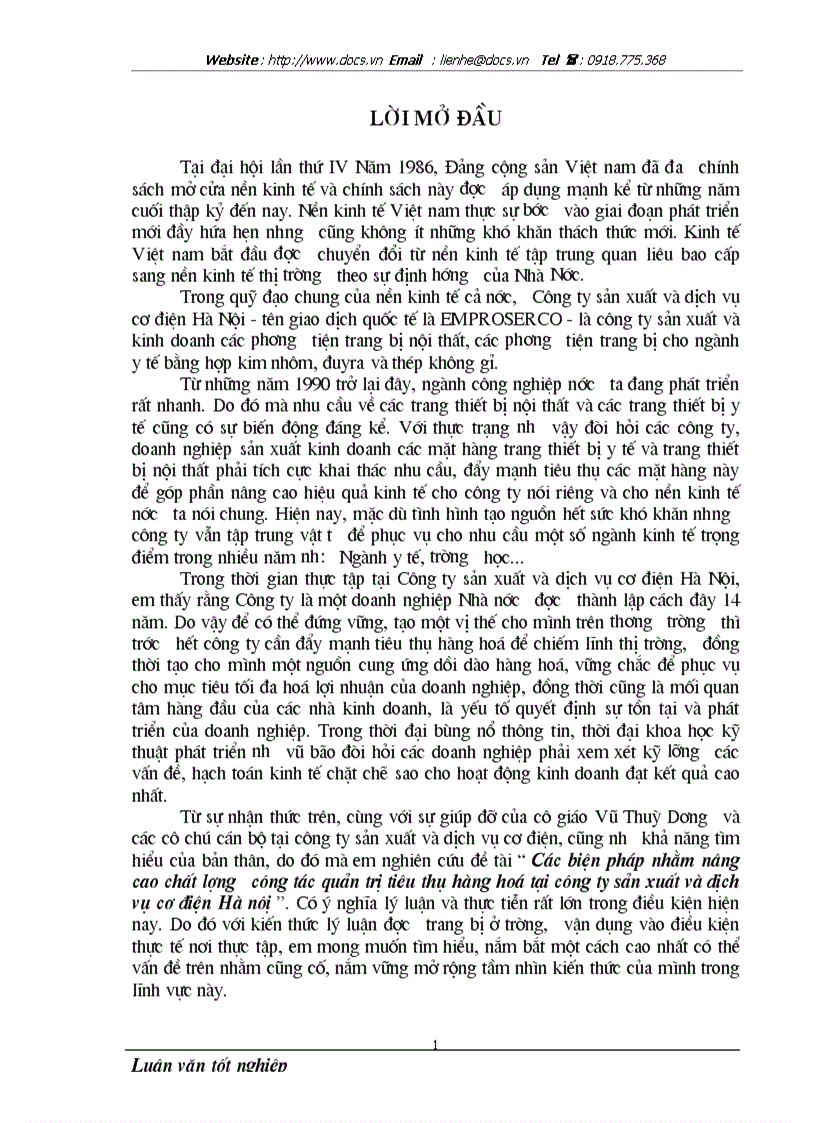 Các biện pháp nhằm nâng cao chất lượng công tác quản trị tiêu thụ hàng hoá tại công ty sản xuất và dịch vụ cơ điện Hà nôị