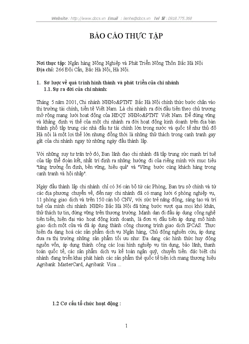 Báo cáo thực tập tại Ngân hàng Nông Nghiệp và Phát Triển Nông Thôn Bắc Hà Nội