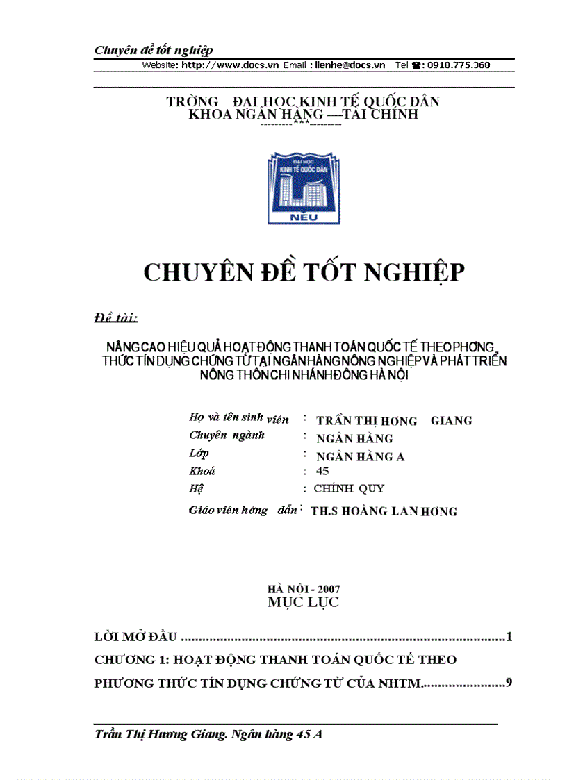 Nâng cao hiệu quả hoạt động thanh toán quốc tế theo phương thức tín dụng chứng từ tại ngân hàng nông nghiệp và phát triển nông thôn chi nhánh Đống đa