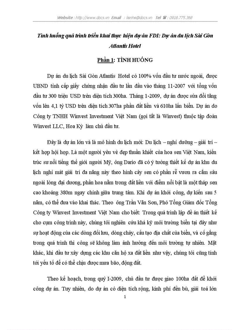 Tình huống quá trình triển khai thực hiện dự án FDI Dự án du lịch Sài Gòn Atlantis Hotel