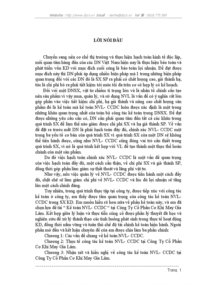 Kế toán NVL CCDC tại C ty CP Cơ Khí May Gia Lâm