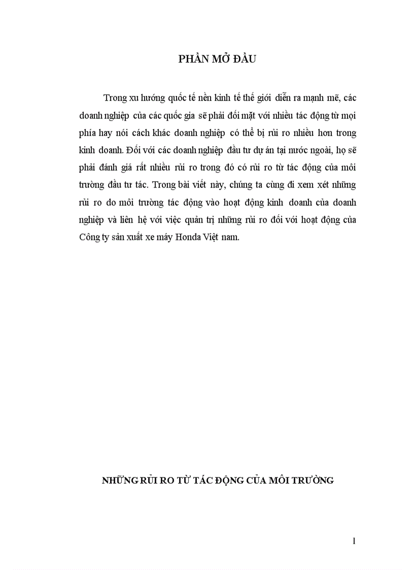 Việc quản trị những rủi ro đối với hoạt động của Công ty sản xuất xe máy Honda Việt nam