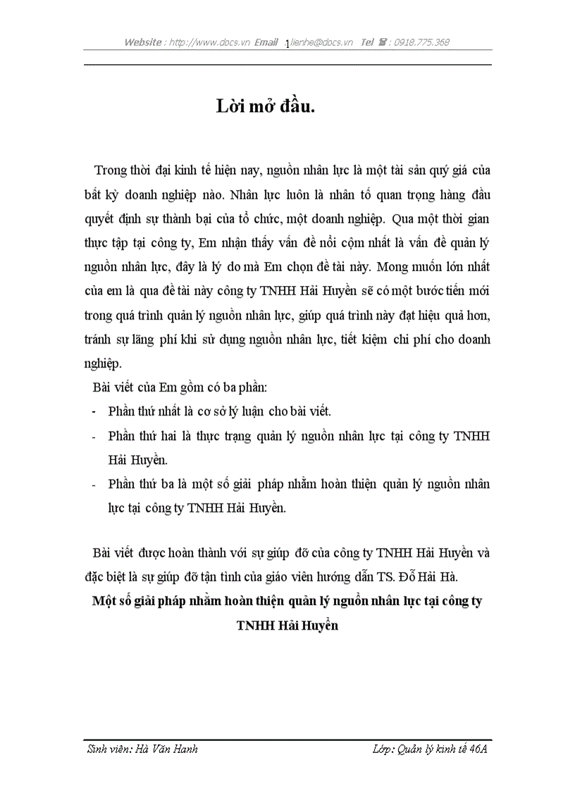 Một số giải pháp nhằm hoàn thiện quản lý nguồn nhân lực tại công ty TNHH Hải Huyền