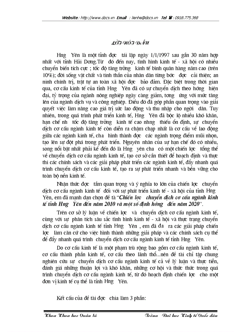 Chiến lược chuyển dịch cơ cấu ngành kinh tế tỉnh Hưng Yên đến năm 2010 và một số định hướng đến năm 2020