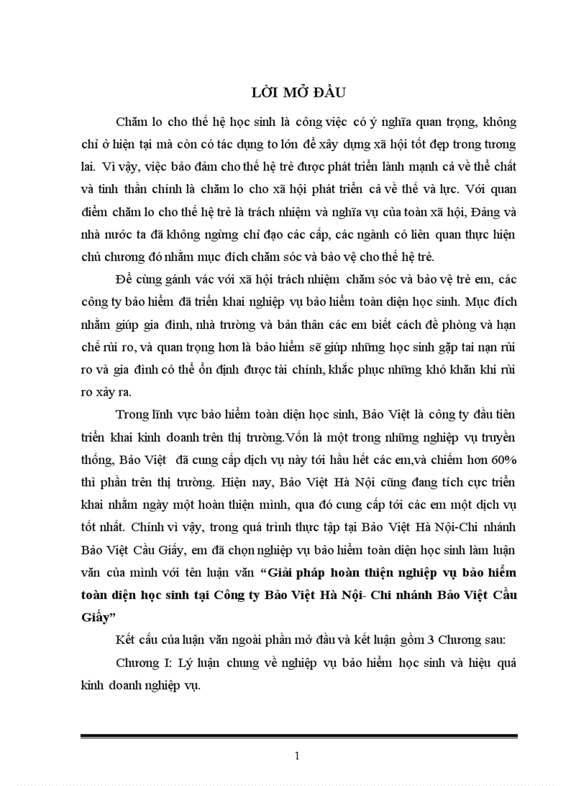 Giải pháp hoàn thiện nghiệp vụ bảo hiểm toàn diện học sinh tại Công ty Bảo Việt Hà Nội Chi nhánh Bảo Việt Cầu Giấy