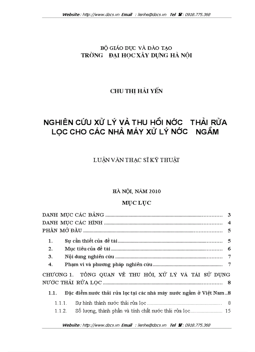 Nghiên cứu xử lý và thu hồi nước thải rửa lọc cho các nhà máy xử lý nước ngầm