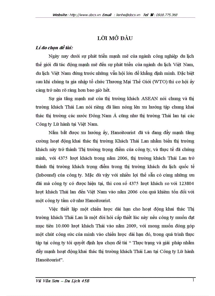 Thực trạng và giải pháp nhằm đẩy mạnh hoạt động khai thác thị trường khách Thái Lan tại Công ty Lữ hành Hanoitourist
