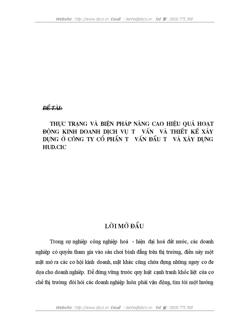 Thực trạng và biện pháp nâng cao hiệu quả hoạt động kinh doanh dịch vụ tư vấn và thiết kế xây dựng ở công ty cổ phần tư vấn đầu tư và xây dựng hud ci