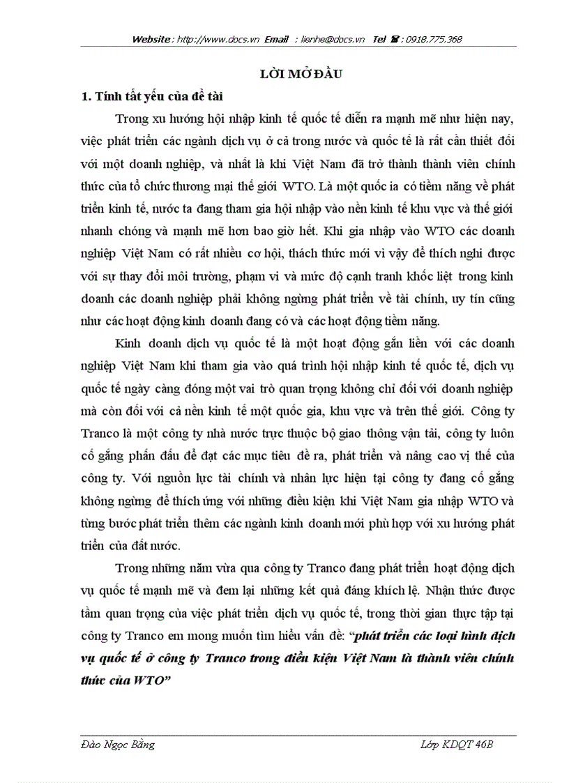 Phát triển các loại hình dịch vụ quốc tế ở công ty Tranco trong điều kiện Việt Nam là thành viên chính thức của WTO