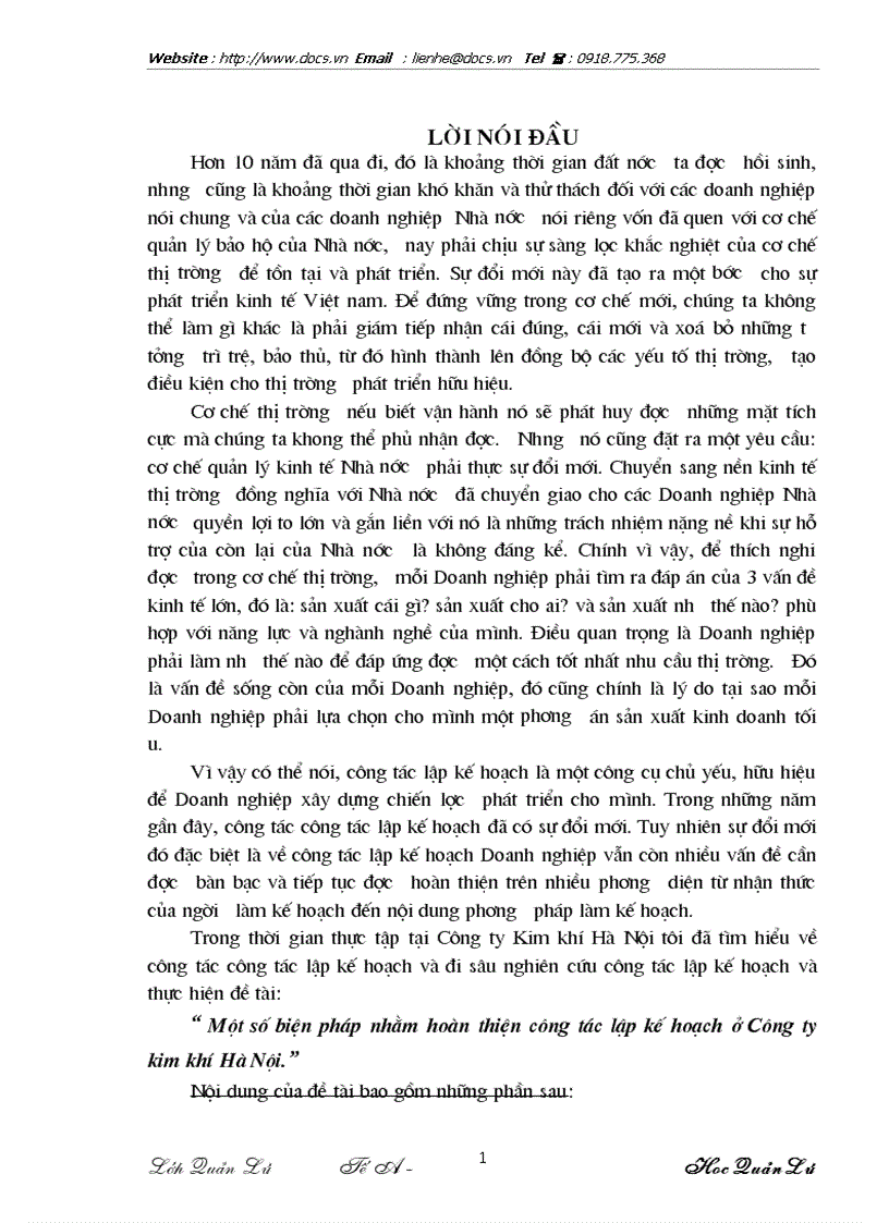 1số biện pháp nhằm hoàn thiện công tác lập kế hoạch sản xuất kinh doanh ở Công ty Kim khí Hà Nội