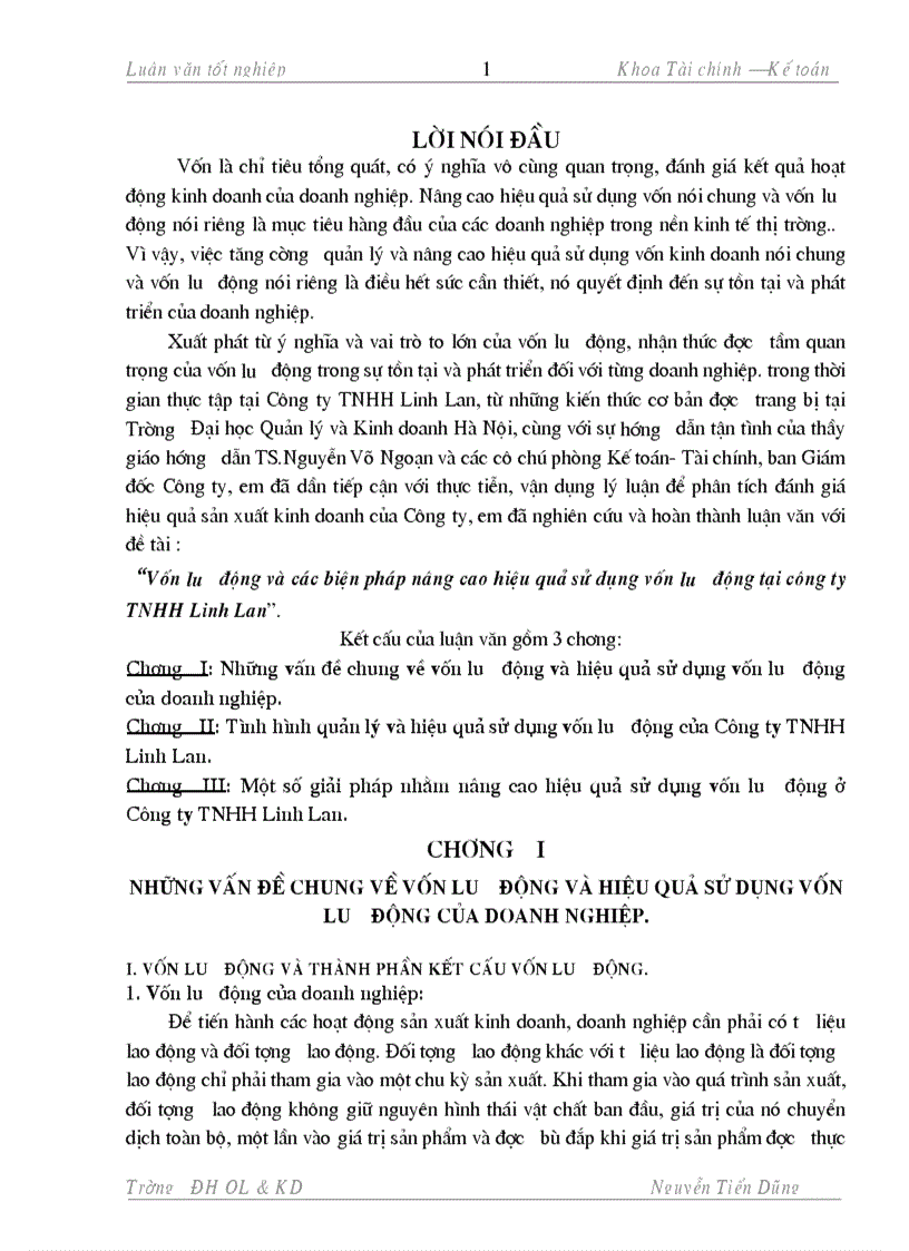 Một số biện pháp nhằm nâng cao hiệu quả sử dụng vốn lưu động ở Công ty TNHH Linh Lan