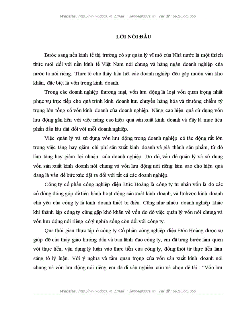 Vốn lưu động và các biện pháp nâng cao hiệu quả sử dụng vốn lưu động ở công ty cổ phần công nghiệp điện Đức Hoàng