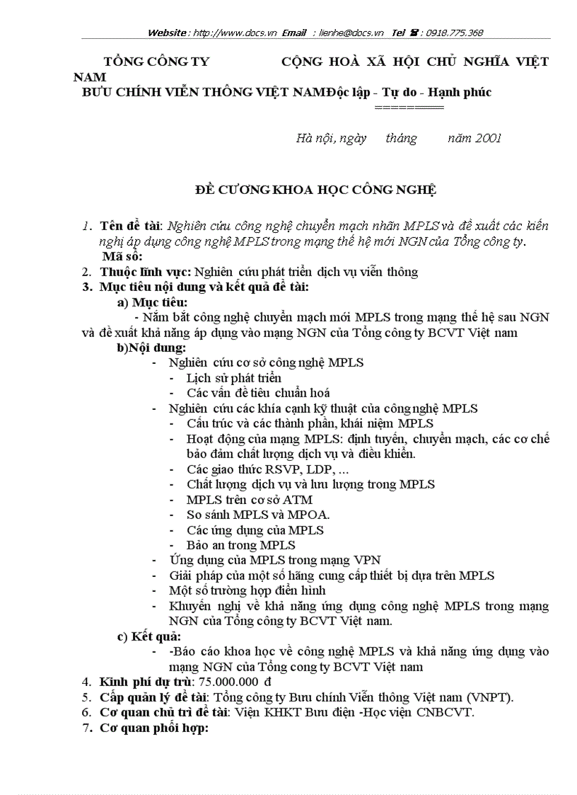 Nghiên cứu công nghệ chuyển mạch nhãn MPLS và đề xuất các kiến nghị áp dụng công nghệ MPLS trong mạng thế hệ mới NGN của Tổng công ty BCVT Việt nam