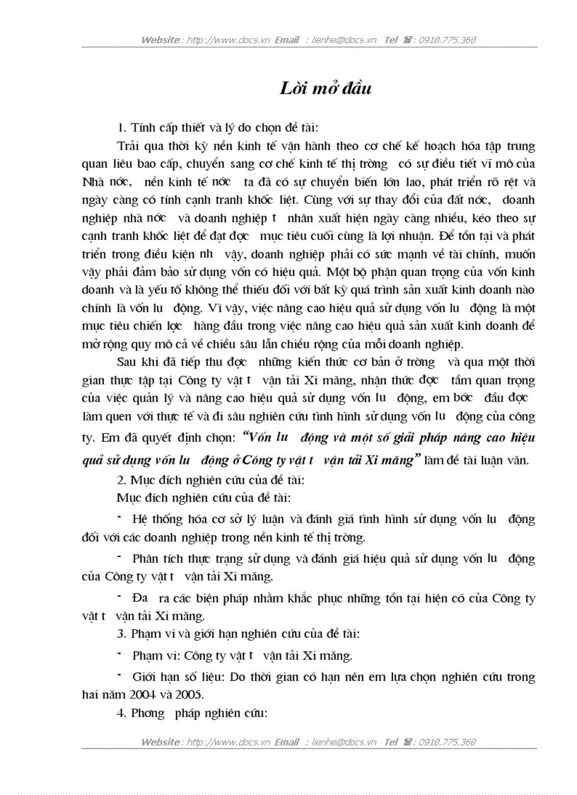Vốn lưu động và một số giải pháp nâng cao hiệu quả sử dụng vốn lưu động ở Công ty vật tư vận tải Xi măng