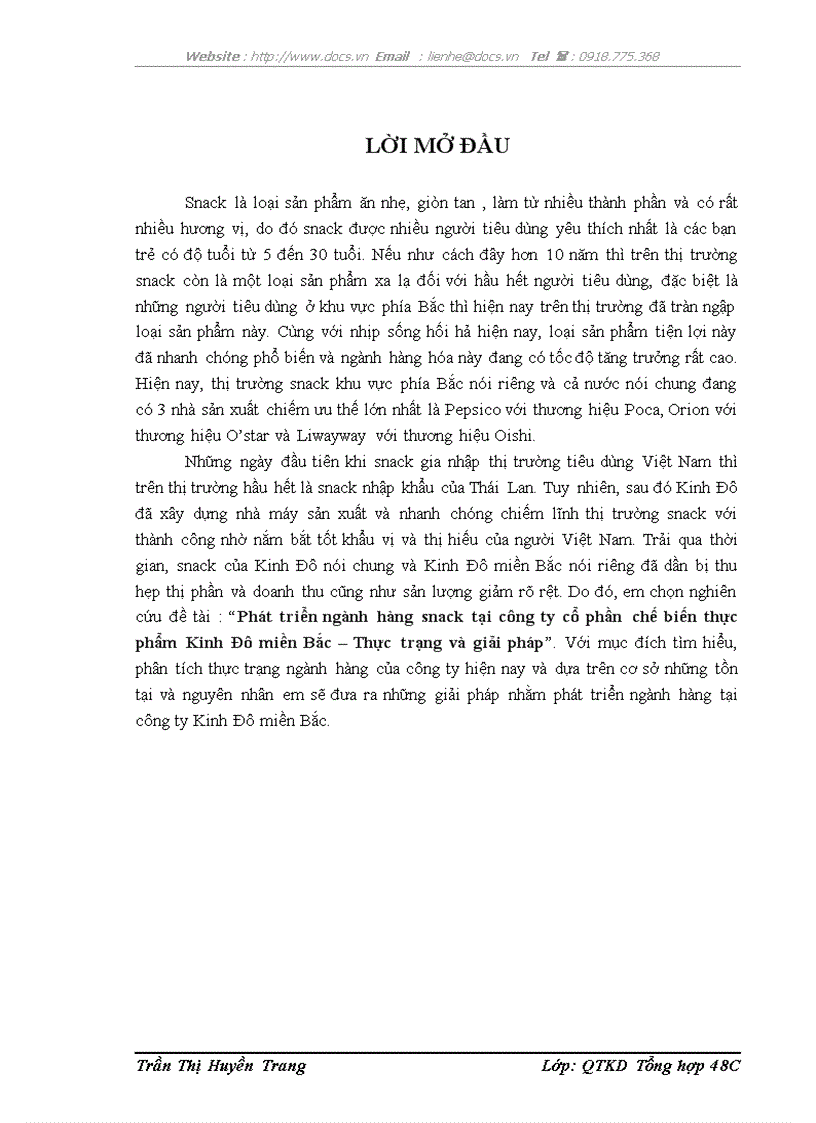 Phát triển ngành hàng snack tại công ty cổ phần chế biến thực phẩm Kinh Đô miền Bắc Thực trạng và giải pháp