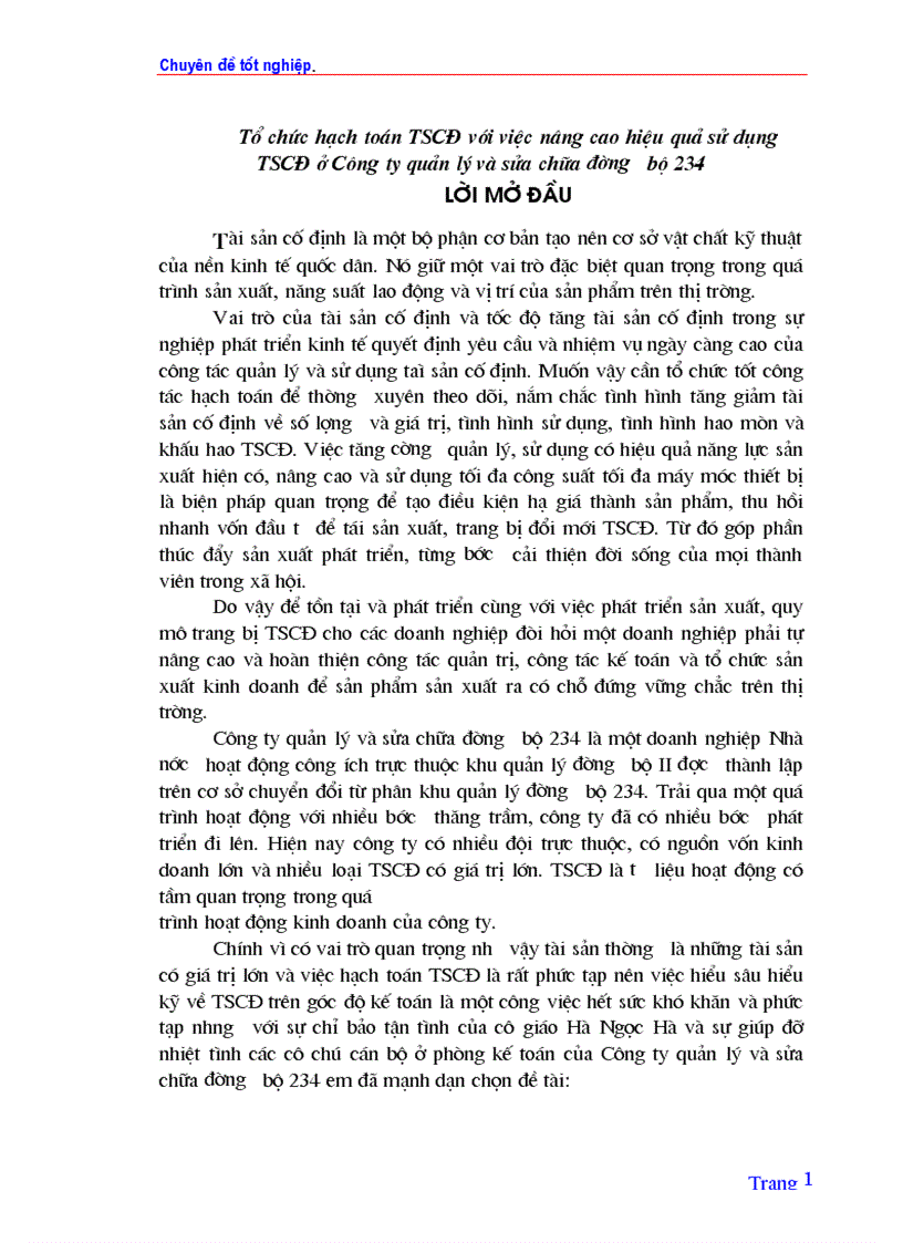 Tổ chức hạch toán TSCĐ với việc nâng cao hiệu quả sử dụng TSCĐ ở Công ty quản lý và sửa chữa đường bộ 234
