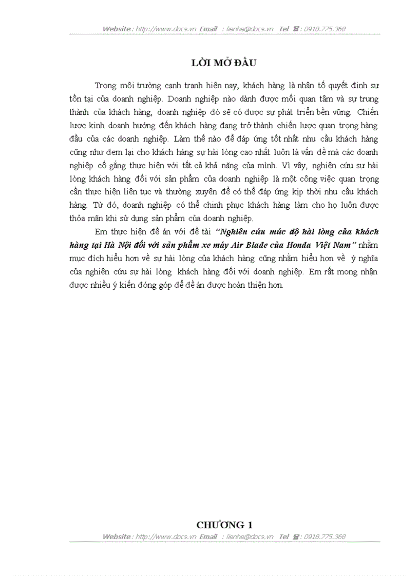 Nghiên cứu mức độ hài lòng của khách hàng tại Hà Nội đối với sản phẩm xe máy Air Blade của Honda Việt Nam