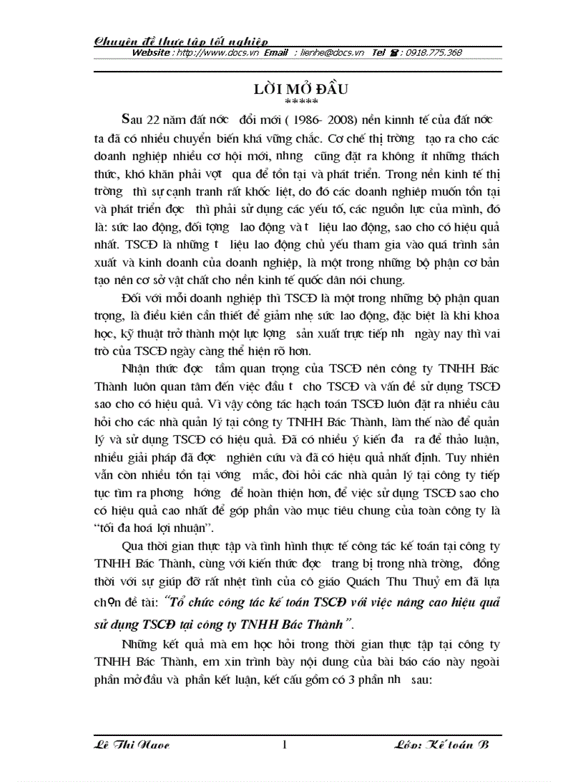 Tổ chức công tác kế toán TSCĐ với việc nâng cao hiệu quả sử dụng TSCĐ tại công ty TNHH Bác Thành