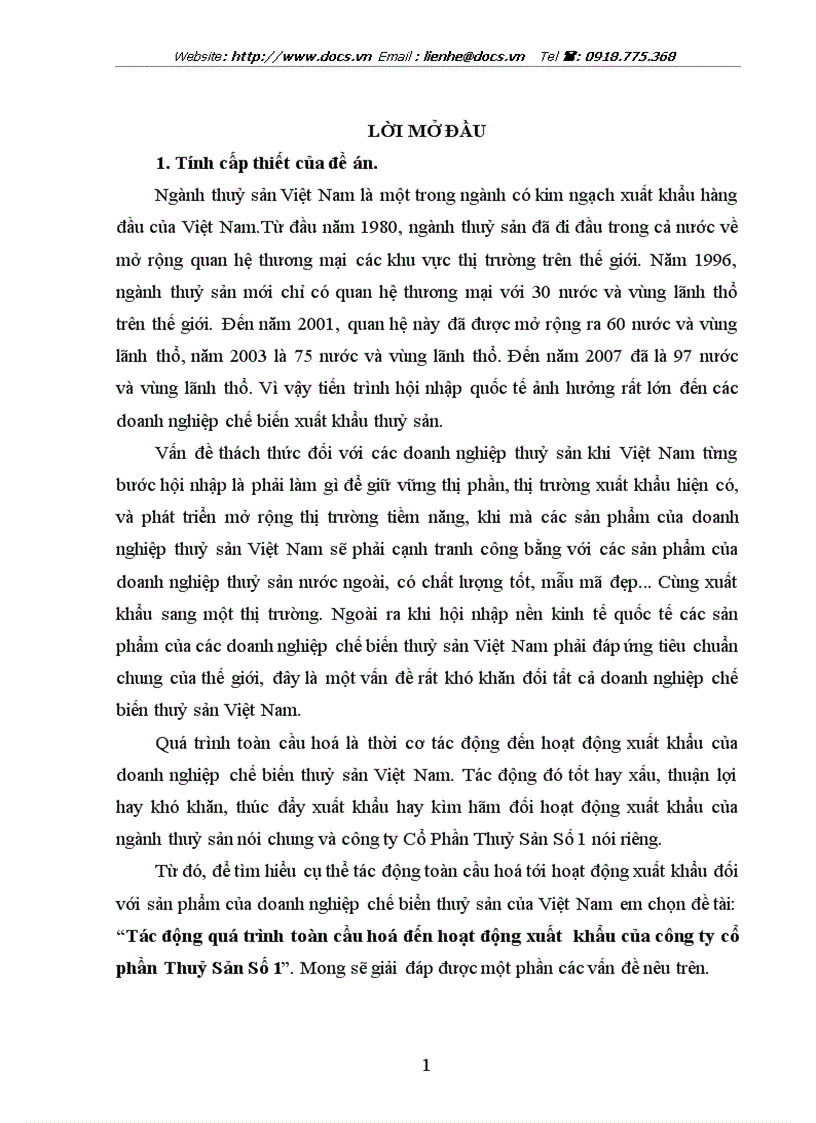 Tác động quá trình toàn cầu hoá đến hoạt động xuất khẩu của công ty cổ phần Thuỷ Sản Số 1