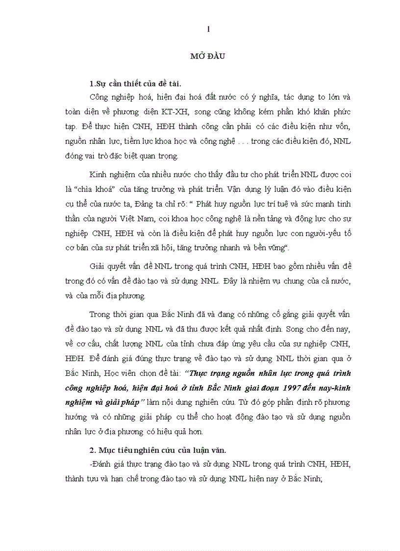 Thực trạng nguồn nhân lực trong quá trình công nghiệp hoá hiện đại hoá ở tỉnh Bắc Ninh giai đoạn 1997 đến nay kinh nghiệm và giải pháp