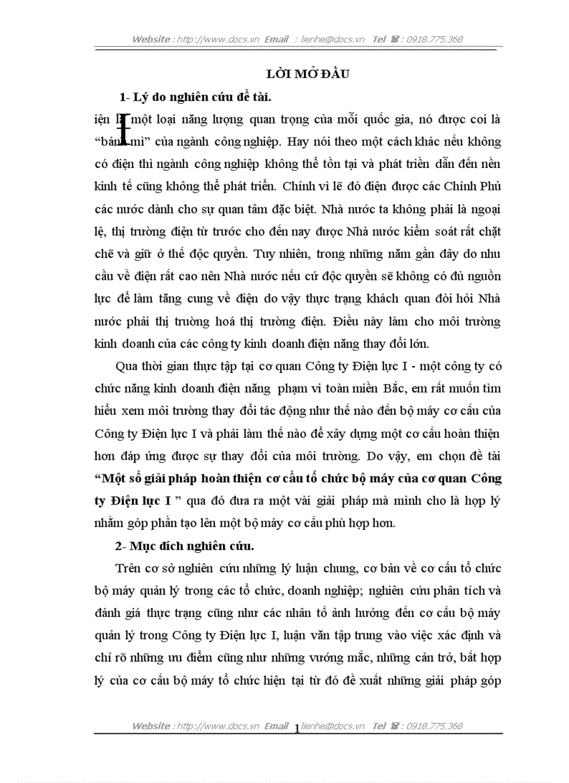 Một số giải pháp hoàn thiện cơ cấu tổ chức bộ máy của cơ quan Công ty Điện lực I