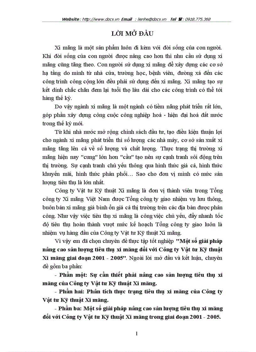 Một só giải pháp nâng cao sản lượng tiêu thụ xi măng đối với công ty vật tư kỹ thuật xi măng trong giai đoạn 2001 2005