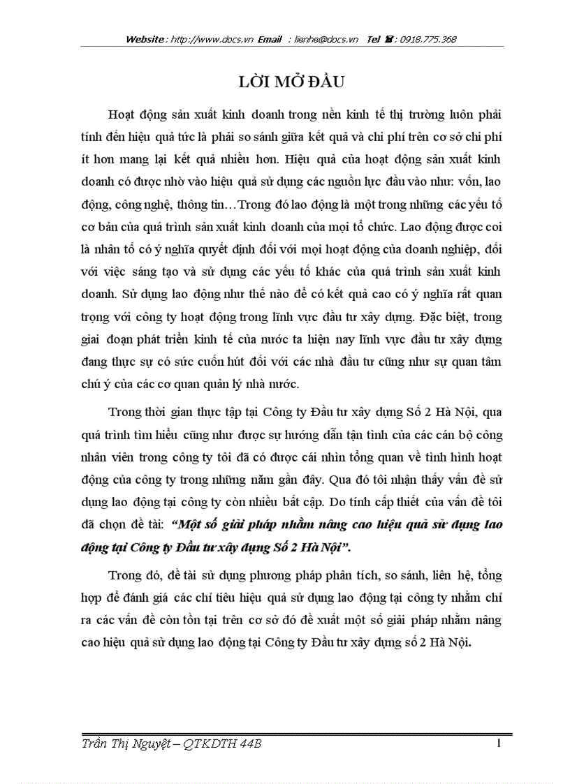 Một số giải pháp nhằm nâng cao hiệu quả sử dụng lao động tại Công ty Đầu tư xây dựng Số 2 Hà Nội