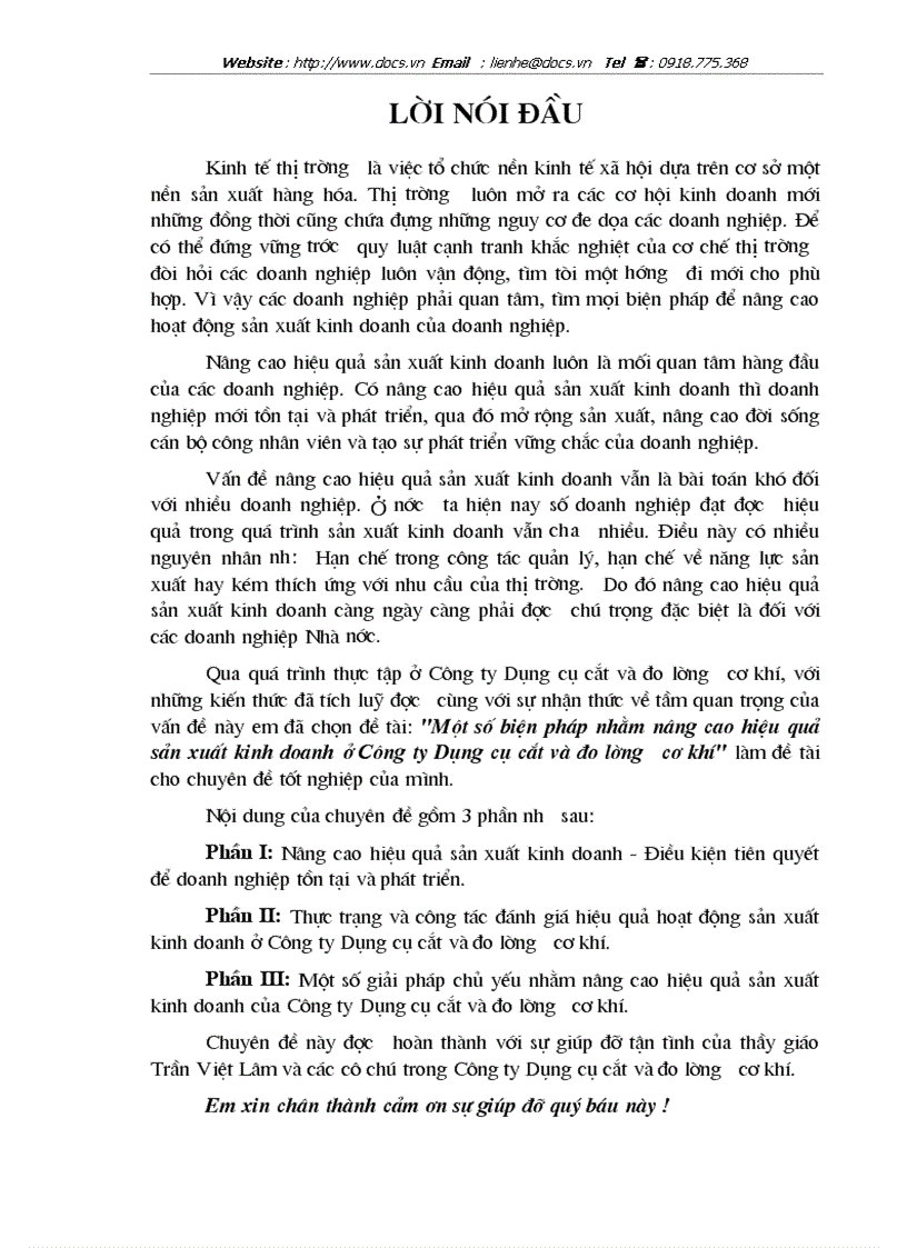 Một số biện pháp nhằm nâng cao hiệu quả sản xuất kinh doanh ở Công ty Dụng cụ cắt và đo lường cơ khí