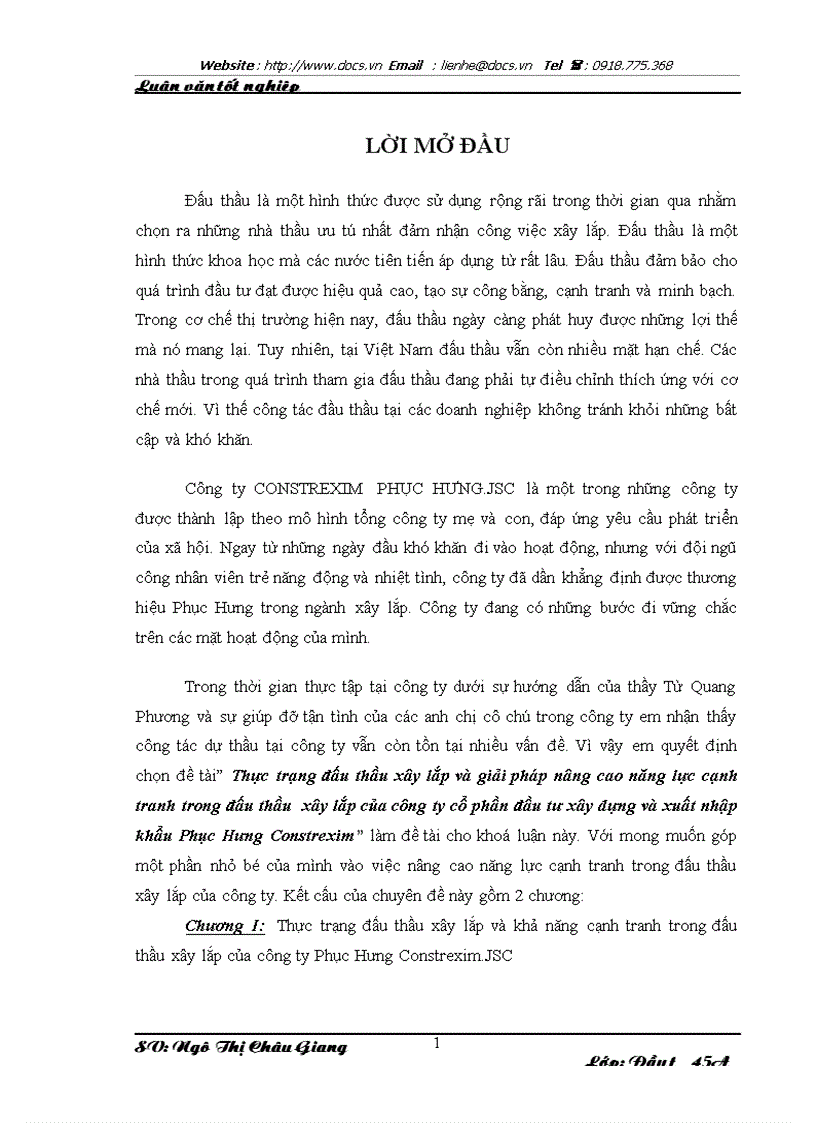 Đấu thầu xây lắp và giải pháp nâng cao năng lực cạnh tranh trong đấu thầu xây lắp của công ty cổ phần đầu tư xây dựng và xuất nhập khẩu Phục Hưng