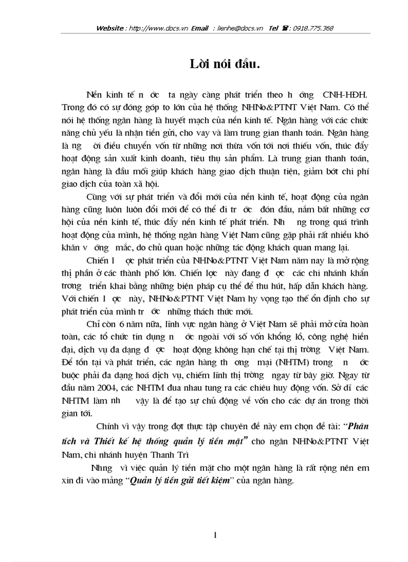 Phân tích và Thiết kế hệ thống quản lý tiền mặt cho ngân NHNo PTNT Việt Nam chi nhánh huyện Thanh Trì