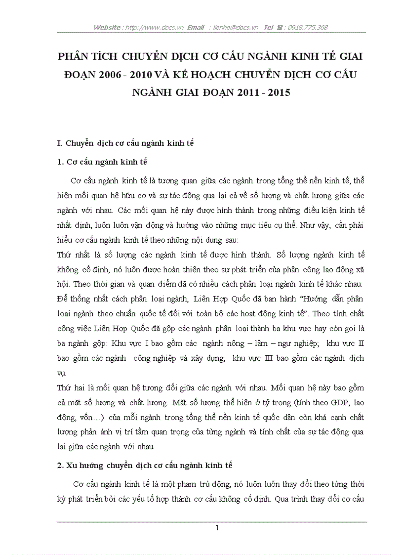 Phân tích chuyển dịch cơ cấu ngành kinh tế giai đoạn 2006 2010 và kế hoạch chuyển dịch cơ cấu ngành giai đoạn 2011 2015
