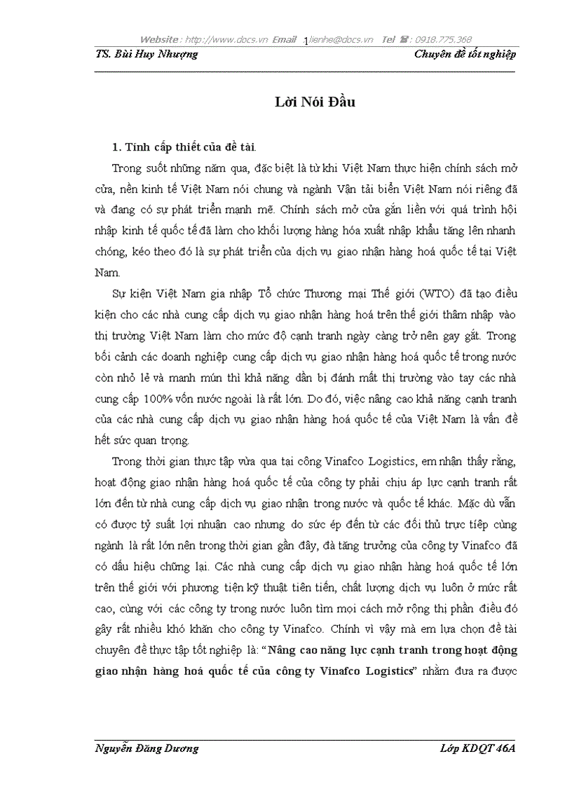 Nâng cao năng lực cạnh tranh trong hoạt động giao nhận hàng hoá quốc tế của công ty Vinafco Logistics