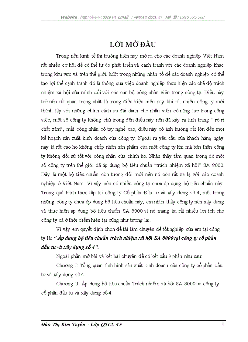 Áp dụng bộ tiêu chuẩn trách nhiệm xã hội SA 8000 tại công ty cổ phần đầu tư và xây dựng số 4