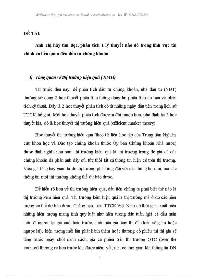 Anh chị hãy tìm đọc phân tích 1 lý thuyết nào đó trong lĩnh vực tài chính có liên quan đến đầu tư chứng khoán