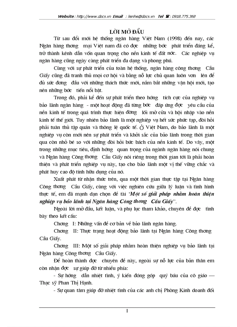 Một số giải pháp nhằm hoàn thiện nghiệp vụ bảo lãnh tại Ngân hàng Công thương Cầu Giấy