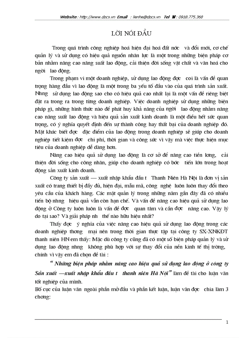 Những biện pháp nhằm nâng cao hiệu quả sử dụng lao động ở công ty Sản xuất xuất nhập khẩu đầu tư thanh niên Hà Nội