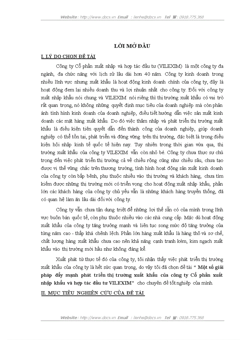 Một số giải pháp đẩy mạnh phát triển thị trường xuất khẩu của công ty Cổ phần xuất nhập khẩu và hợp tác đầu tư VILEXIM