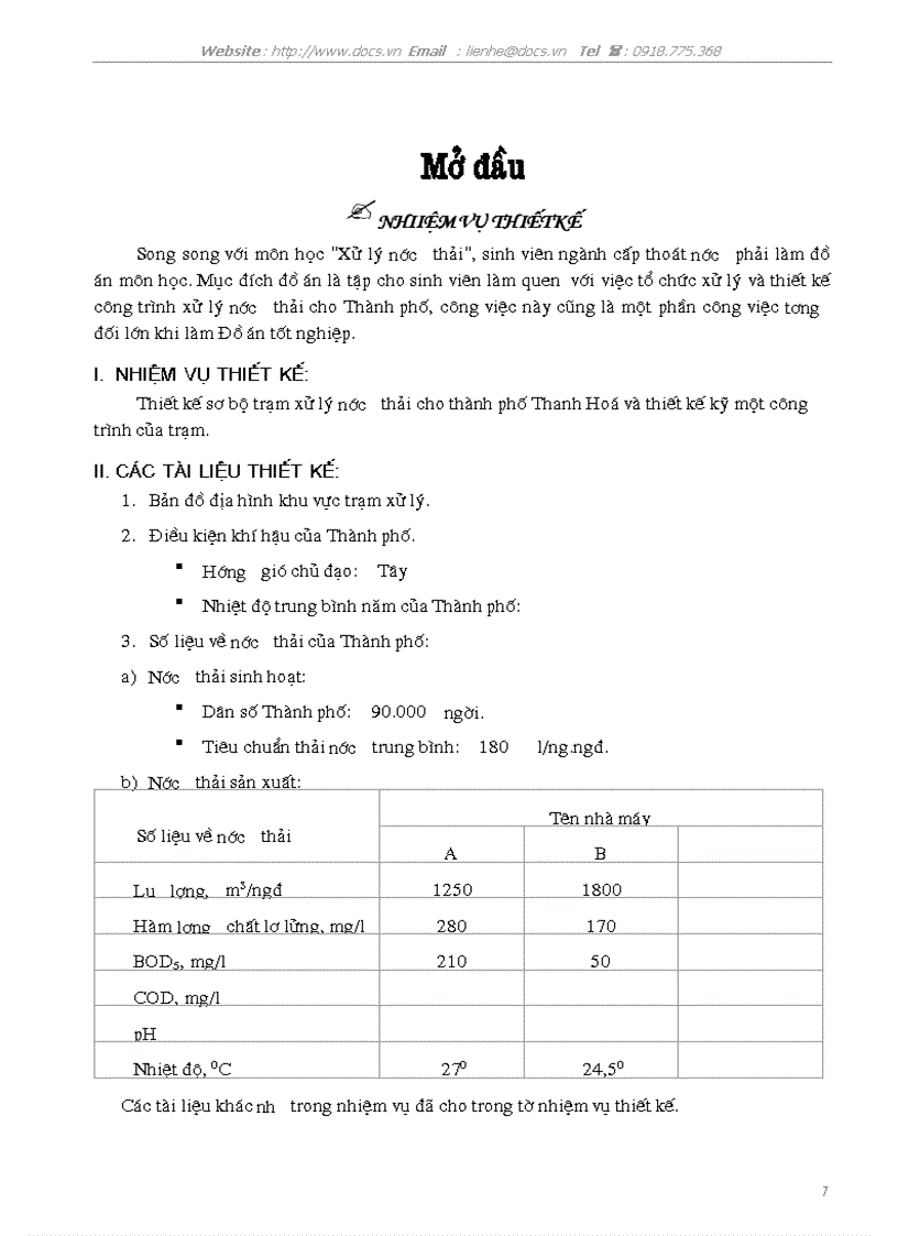 Thiết kế sơ bộ trạm xử lý nước thải cho thành phố Thanh Hoá và thiết kế kỹ một công trình của trạm