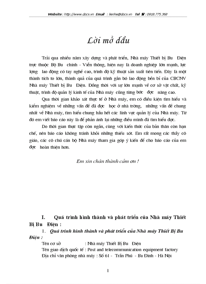 Báo cáo Tạo Nhà máy Thiết Bị Bưu Điện