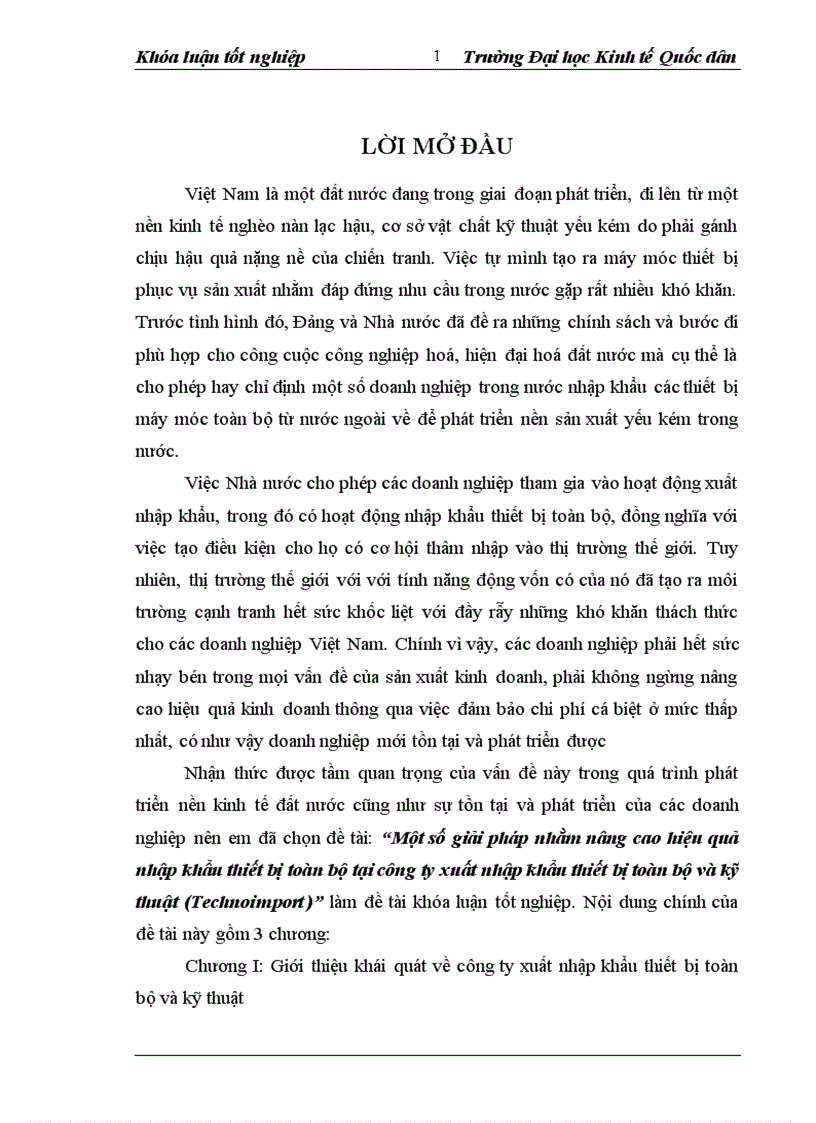 Một số giải pháp nhằm nâng cao hiệu quả nhập khẩu thiết bị toàn bộ tại công ty xuất nhập khẩu thiết bị toàn bộ và kỹ thuật Technoimport