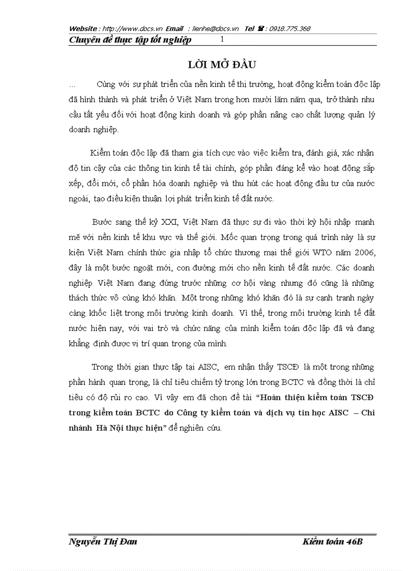 Hoàn thiện kiểm toán TSCĐ trong kiểm toán BCTC do Công ty kiểm toán và dịch vụ tin học AISC Chi nhánh Hà Nội thực hiện