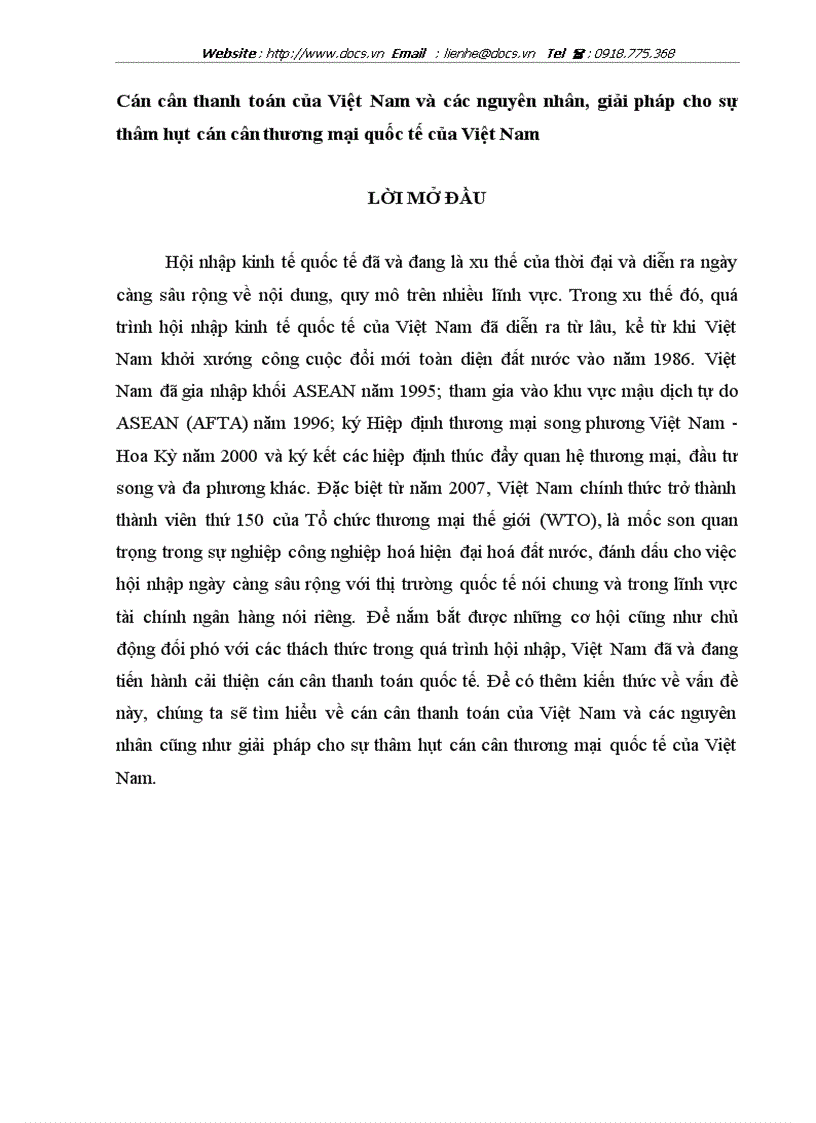 Cán cân thanh toán của Việt Nam và các nguyên nhân giải pháp cho sự thâm hụt cán cân thương mại quốc tế của Việt Nam