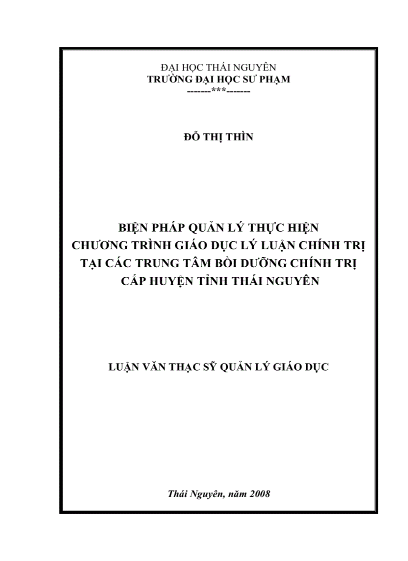 Biện pháp quản lý thực hiện chương trình giáo dục lý luận chính trị tại các trung tâm bồi dưỡng chính trị cấp huyện tỉnh Thái Nguyên