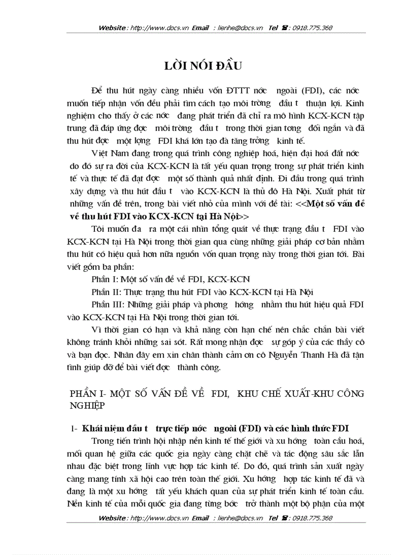 Một số vấn đề về thu hút FDI vào KCX KCN tại Hà Nội
