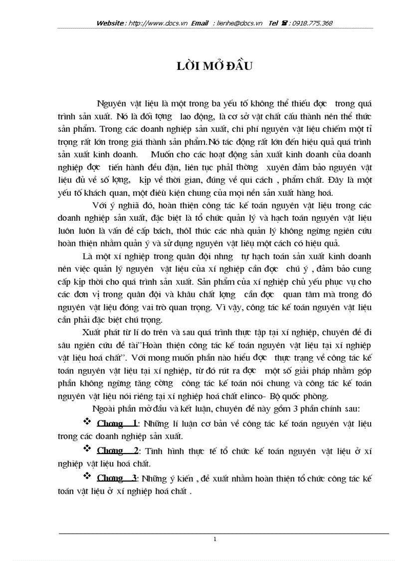 Hoàn thiện công tác kế toán nguyên vật liệu tại xí nghiệp vật liệu Hoá chất