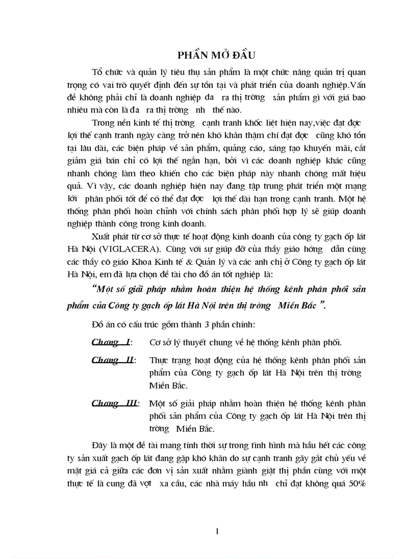 Một số giải pháp nhằm hoàn thiện hệ thống kênh phân phối sản phẩm của Công ty gạch ốp lát Hà Nội trên thị trường Miền Bắc