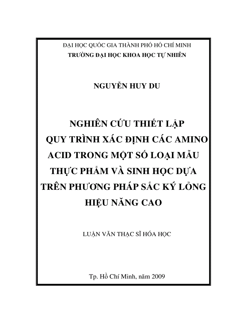 Nghiên cứu thiết lập quy trình xác định các amino acid trong một số loại mẫu thực phẩm và sinh học dựa trên phương pháp sắc ký lỏng hiệu năng cao