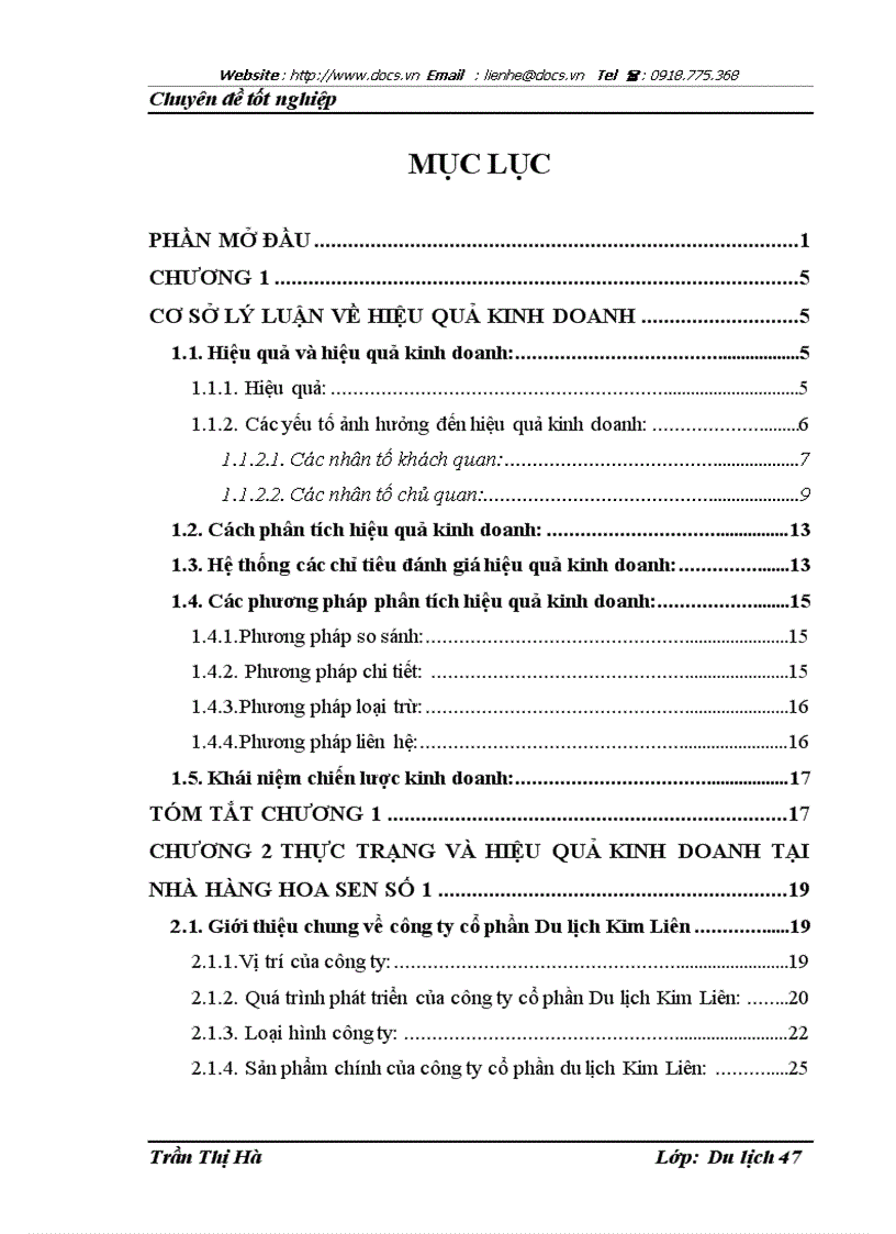 Hiệu quả kinh doanh của nhà hàng Hoa Sen số 1 thuộc công ty cổ phần Du Lịch Kim Liên thực trạng và giải pháp
