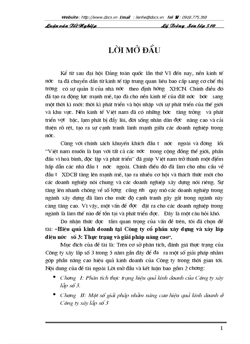 Hiệu quả kinh doanh tại Công ty cổ phần xây dựng và xây lắp điện nước số 3 Thực trạng và giải pháp nâng cao